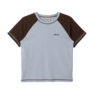 ROLAROLA新款拼色插肩袖圆领短袖t恤弹性修身女显瘦上衣