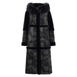 马天奴2025冬季新款黑色狐狸毛连帽长款大衣外套仿皮草毛绒一体女