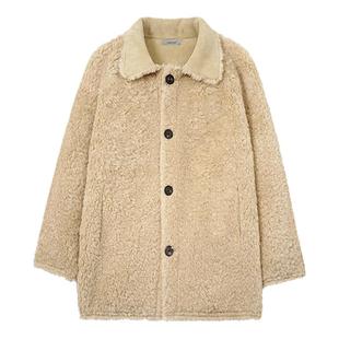 JAMUUS复古立领浅咖色皮毛一体外套女冬款宽松休闲麂皮大衣