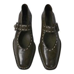 ALIAS MAE意大利进口水洗马皮手工缝线小方头平底塔扣女春夏单鞋