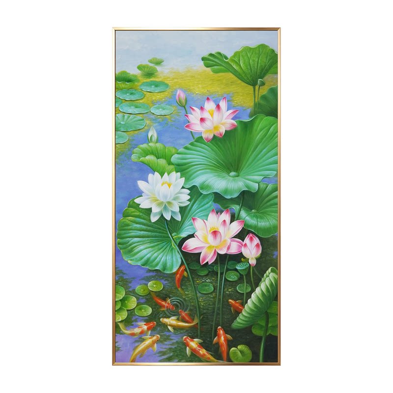 九鱼图纯手绘油画荷花锦鲤新中式玄关装饰画客厅走廊入户招财挂画