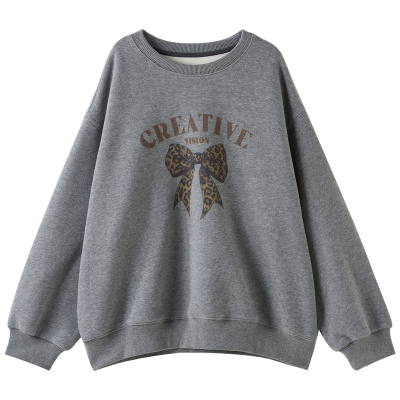 韩系豹纹蝴蝶结加绒圆领灰色卫衣