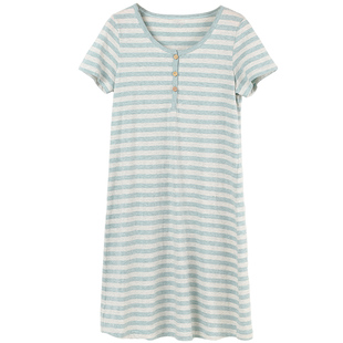 睡裙夏季薄款短袖纯棉中裙时尚条纹女家居服口袋顶呱呱顶瓜瓜外穿