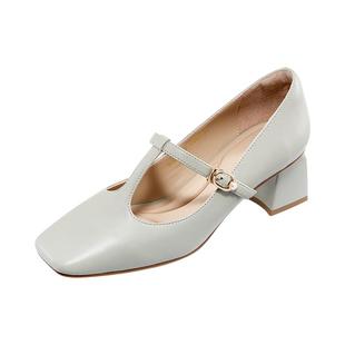 哈森高跟鞋女春季新款优雅气质丁字鞋方头粗跟女单鞋HS226607