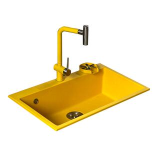 百恩居新品锌黄色彩色石英石水槽厨房洗菜洗碗池无缝一体耐磨抗造