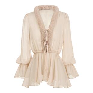 宁芙心心 绒绒细语 两色毛领纯欲雪纺衫原创上衣 橡皮粉/裸肤色