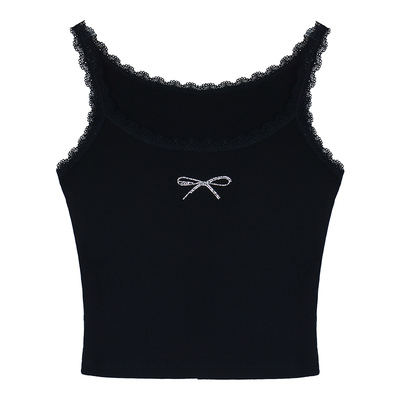 pusumede 烫钻蝴蝶结 蕾丝拼接吊带背心女外穿短款针织无袖上衣