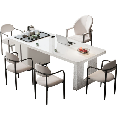 奶油风岩板茶桌椅组合轻奢现代高级感茶台办公一体洽谈接待泡茶桌