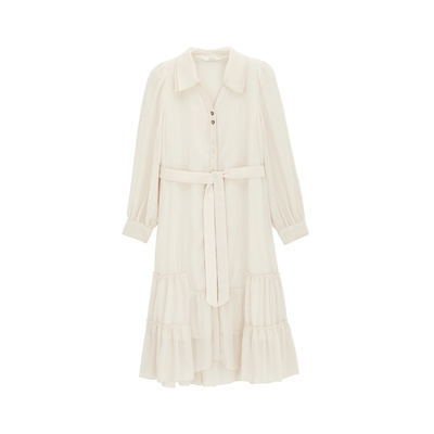 MSLAN夏季气质V领压褶肌理不规则收腰雪纺长袖连衣裙MFAE4112