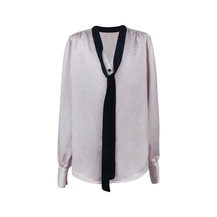 YIYIWANG 大小姐出街～缎面粉黑配色系带衬衫v领气质上衣女