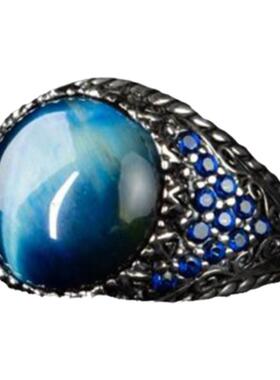 男纯银复古蓝色虎眼石宝石戒指