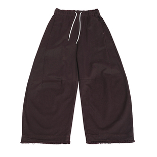 2025秋季新款洗水棉毛边弯刀裤女抽绳松紧高腰直筒阔腿长裤休闲裤