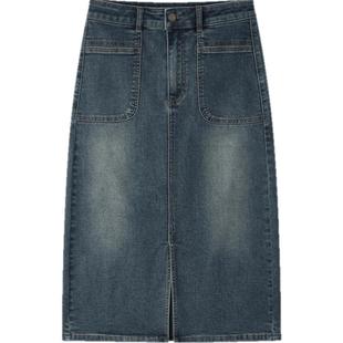 森柔牛仔|森马牛仔半身裙女开叉长裙显腿长秋盐系复古直筒裙潮酷