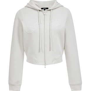 ONLY2026春季新款短款立体质感字母印花双向拉链舒适连帽卫衣女