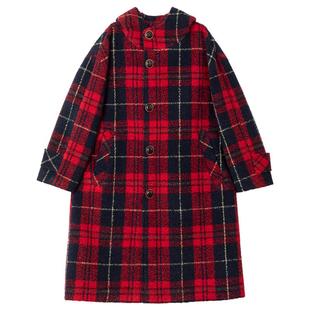 KEIKO 复古红色格子毛呢大衣女25秋冬英伦风斗篷形连帽圈圈呢外套