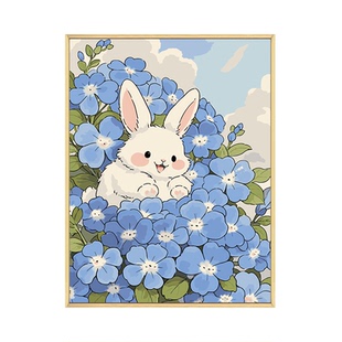 绣球花小兔子数字油画diy填充填色手工绘铃兰花卉丙烯油彩装饰画