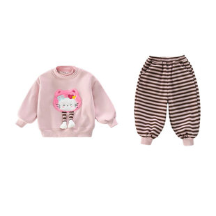 女童套装秋冬季KT猫小女孩加绒衣服长裤女宝宝卫衣加绒裤子两件套