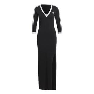 阿迪达斯三叶草女装2025春季侧开叉长款运动V领中袖连衣裙 IK0439