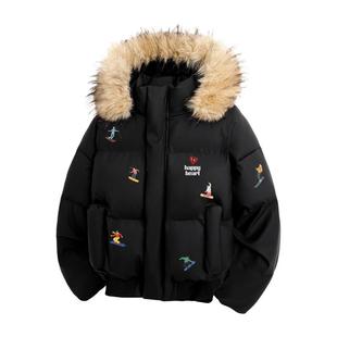 查尔斯桃心美式滑雪印花棉衣男毛领连帽冬季加厚防寒情侣棉衣外套