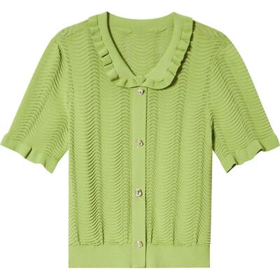 SALT.P可颜荷叶边领波浪条纹肌理提花短袖毛针织衫秋