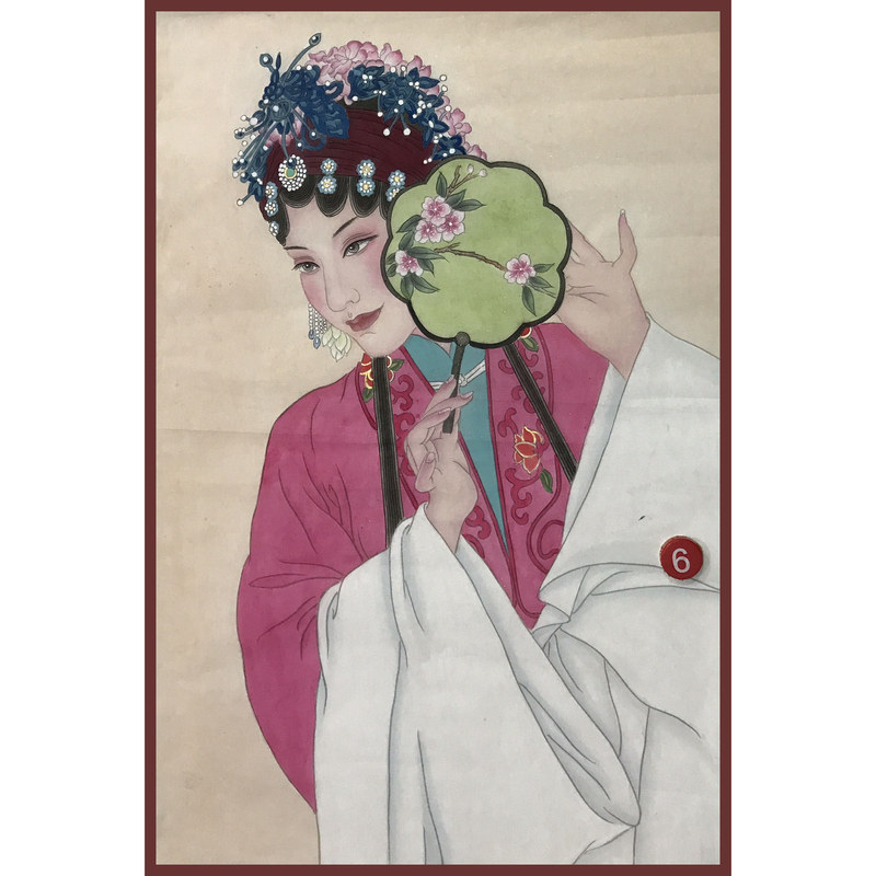 手工绘制新古典国画戏曲扇子美女头像人物图案仿古墙面装饰挂画
