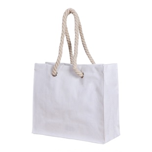 极简纯白帆布手提袋 天然粗麻绳提手大容量托特包 便携购物袋文艺