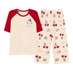 卡之恋睡衣女夏2026新款纯棉带胸垫短袖红色樱桃印花七分裤家居服