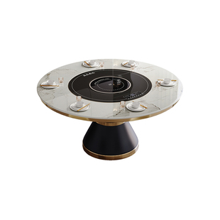 轻奢岩板餐桌家用现代简约圆桌电动转盘电磁炉饭店圆形吃饭桌新款