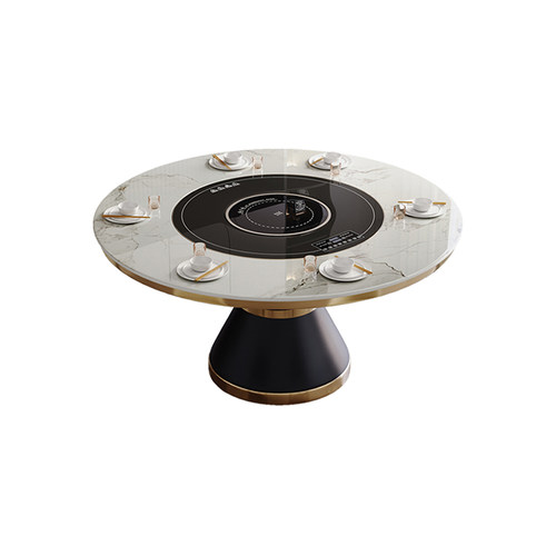 轻奢岩板餐桌家用现代简约圆桌电动转盘电磁炉饭店圆形吃饭桌新款