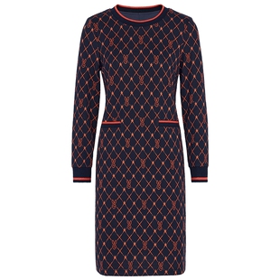 马天奴女装春秋新款蓝色提花连衣裙超好看直筒裙中长裙圆领裙子