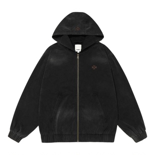 张函瑞同款GUUKA做旧复古落肩连帽外套宽松 美式潮牌刺绣黑色夹克