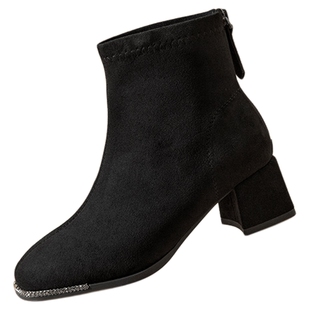 戈美其时装靴粗跟单靴高跟鞋绒面小踝靴棕色方头短靴瘦瘦靴女款