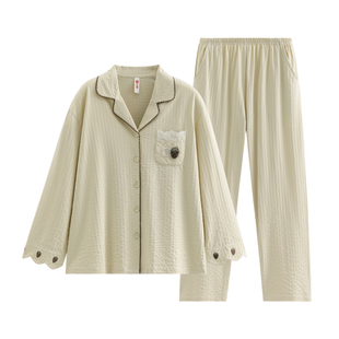 芬腾2026新款女士衬衫领睡衣春秋纯棉长袖开衫家居服套装宽松简约