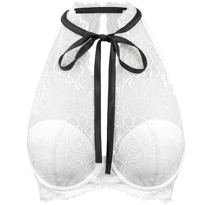 好奇蜜斯大胸显小性感法式美背内衣女薄蕾丝挂脖背心式文胸罩套装