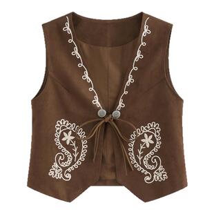 AZure轻薄麂皮绒马甲法式复古立体绣百搭背心气质美拉德棕显瘦春