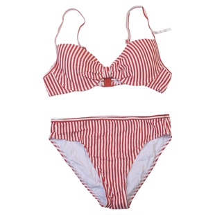 美国ES**海边度假简约钢托大胸小胸聚拢条纹比基尼bikini泳衣女