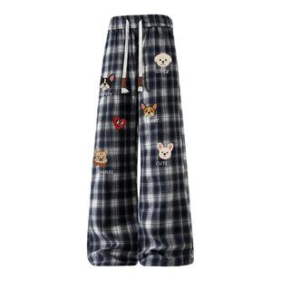 查尔斯桃心小狗印花裤子男款春秋季潮牌宽松直筒垂感格子休闲长裤