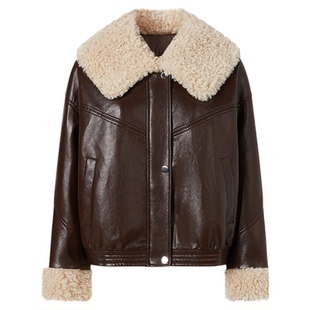 MOISSAC摩萨克冬款复古风摇粒绒毛领PU皮夹克短款羽绒服女