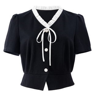 衣纱布菲墨茵 修身木耳边领针织T恤2025夏季新款温柔减龄显瘦上衣