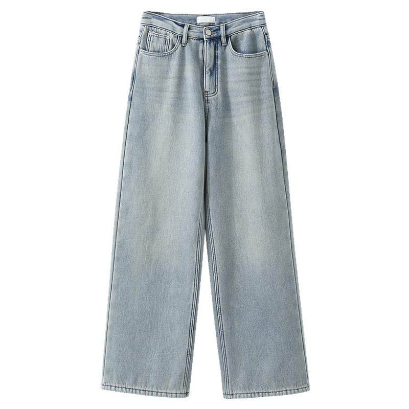 夕蒙2025新款冬季韩系气质裤子宽松阔腿裤小个子浅色加绒牛仔裤女