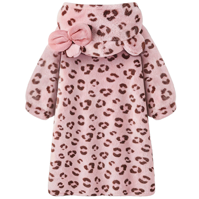 珊瑚绒睡袍女秋冬加厚粉豹纹睡衣