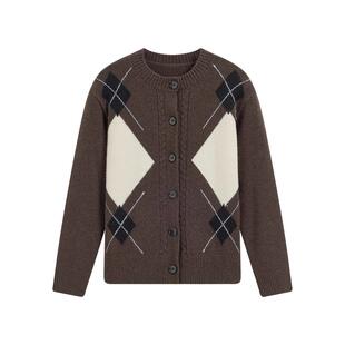 KBNE32支色纺羊剪绒菱格毛衣开衫外套女2025冬季新款绞花针织上衣