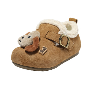 百丽童鞋女童加绒勃肯鞋2025冬季新年红色保暖儿童皮鞋中大童棉鞋