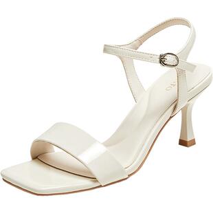 百思图夏季新款时尚潮流百搭街头一字带细高跟女凉鞋W7021BL5