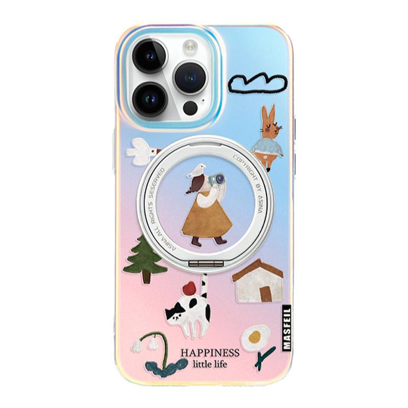 MASFEIL × 插画浇花适用苹果17Promax手机壳新款ip15磁吸带支架iPhone16Pro套14支点高级文艺13pm全包Lo5
