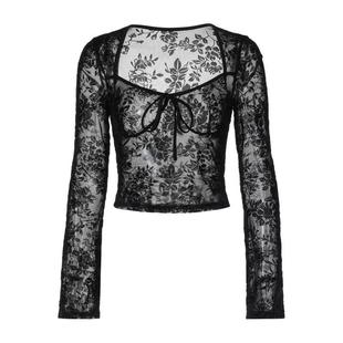 欧美风性感半透蕾丝网纱提花系绳方领微喇长袖T恤女 辣妹百搭上衣
