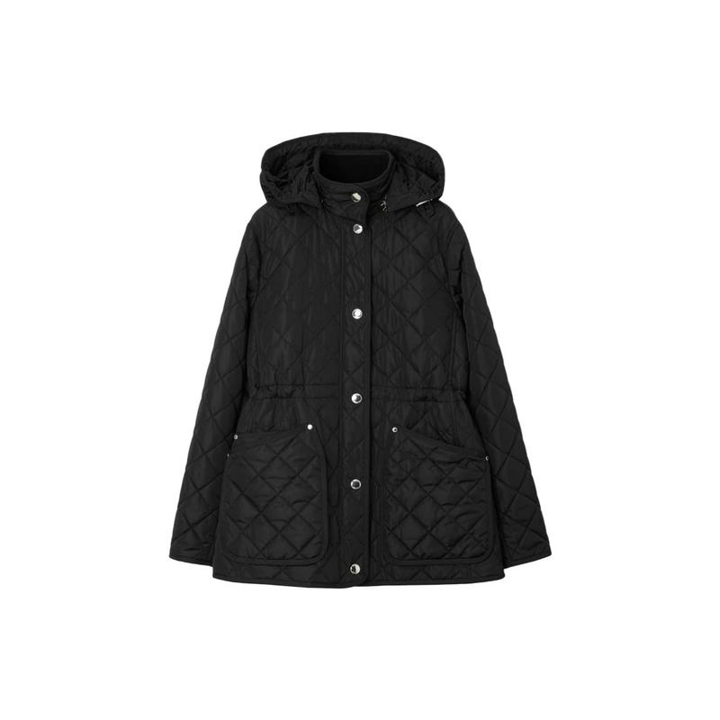 Burberry SS23 纯色菱形绗缝休闲连帽棉服 女款 黑色