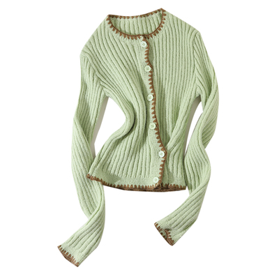 大于诗集 南法旧事 8羊毛撞色刺绣边螺纹针织开衫女圆领修身毛衣