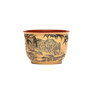 高端精品 宜兴紫砂杯名师冯伟纯手工茶杯原矿段泥 刻绘老虎主人杯