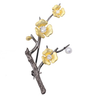 傲雪寒梅丨软语设计东方美学纹理枝丫小梅花S925纯银烧黑艺术胸针